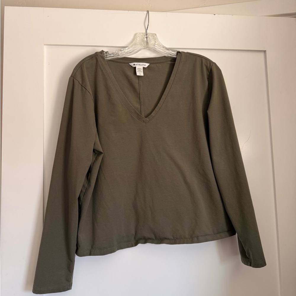 Two Athleta Olive Green V-Neck Tops - Knit Sweater & Long Sleeve Essential Tee L - Picture 7 of 9